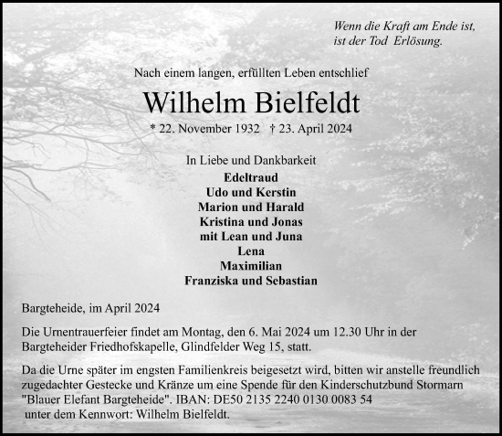 Traueranzeige von Wilhelm Bielfeldt von Stormaner Tageblatt