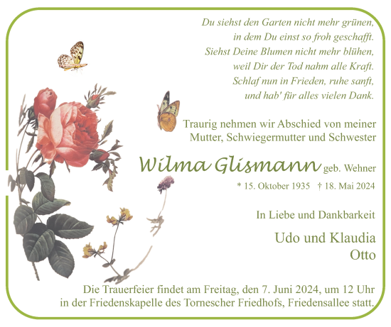 Traueranzeige von Wilma Glismann von Uetersener Nachrichten, Der tip am Wochenende