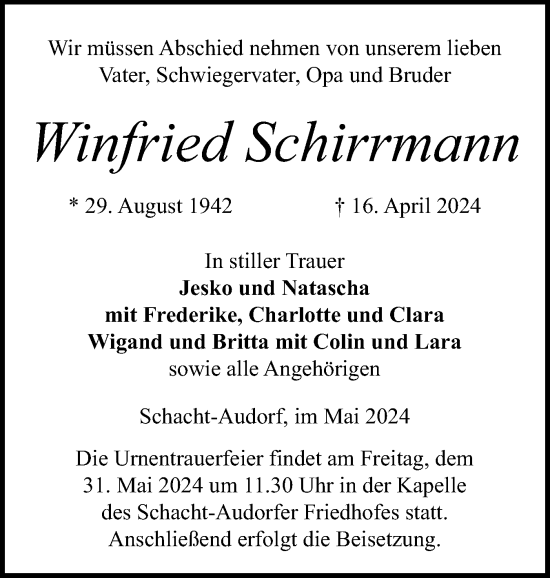 Traueranzeige von Winfried Schirrmann von Schleswig-Holsteinische Landeszeitung