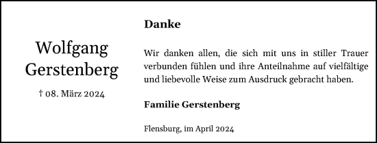 Traueranzeige von Wolfgang Gerstenberg von Flensburger Tageblatt