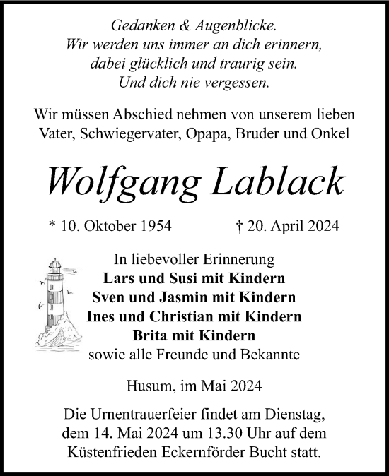 Traueranzeige von Wolfgang Lablack von Husumer Nachrichten, Nordfriesland Tageblatt
