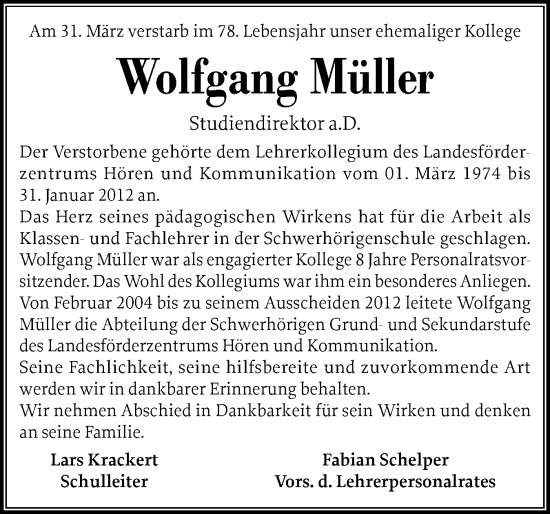 Traueranzeige von Wolfgang Müller von Schleswiger Nachrichten, Schlei-Bote