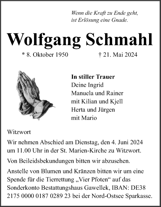 Traueranzeige von Wolfgang Schmahl von Husumer Nachrichten, Nordfriesland Tageblatt