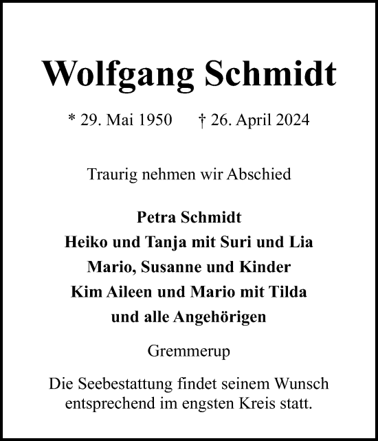 Traueranzeige von Wolfgang Schmidt von Flensburger Tageblatt