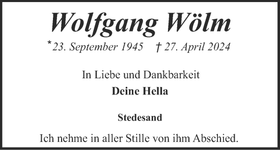 Traueranzeige von Wolfgang Wölm von Husumer Nachrichten, Nordfriesland Tageblatt