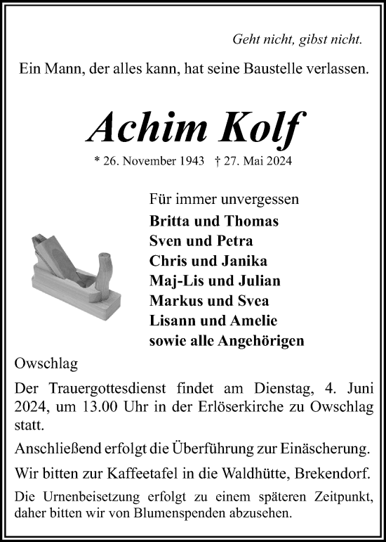 Traueranzeige von Achim Kolf von Schleswig-Holsteinische Landeszeitung