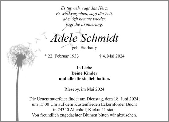 Traueranzeige von Adele Schmidt von Eckernförder Zeitung, Hallo Eckernförde