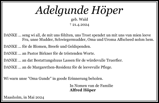 Traueranzeige von Adelgunde Höper von Schleswiger Nachrichten, Schlei-Bote