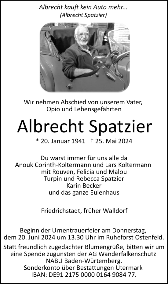 Traueranzeige von Albrecht Spatzier von Husumer Nachrichten, Nordfriesland Tageblatt