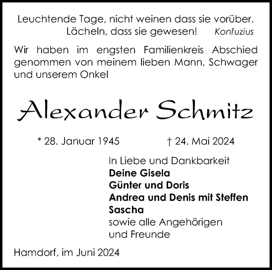 Traueranzeige von Alexander Schmitz von Schleswig-Holsteinische Landeszeitung