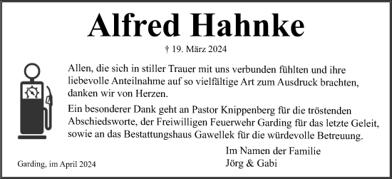 Traueranzeige von Alfred Hahnke von Husumer Nachrichten, Nordfriesland Tageblatt