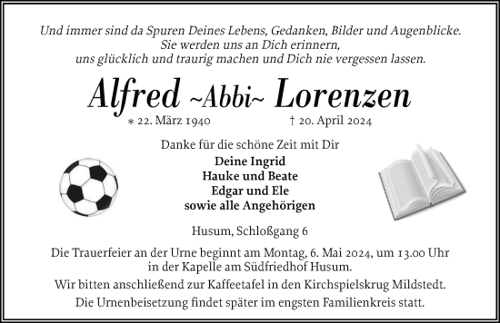 Traueranzeige von Alfred Lorenzen von Husumer Nachrichten, Nordfriesland Tageblatt