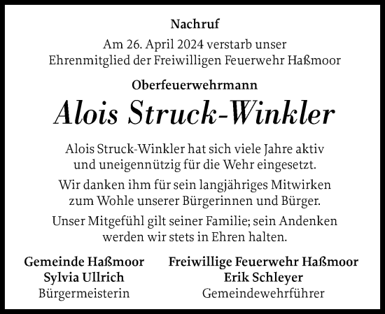 Traueranzeige von Alois Struck-Winkler von Schleswig-Holsteinische Landeszeitung