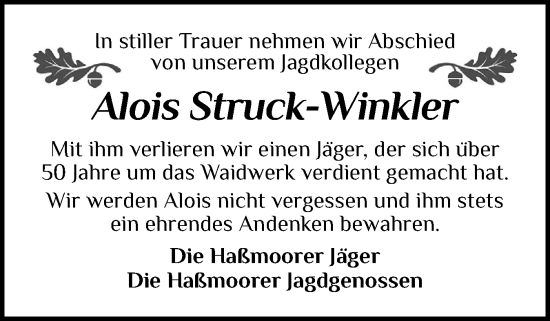 Traueranzeige von Alois Struck-Winkler von Schleswig-Holsteinische Landeszeitung