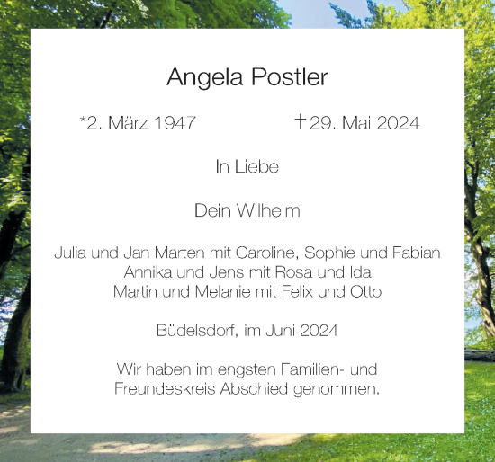 Traueranzeige von Angela Postler von Schleswig-Holsteinische Landeszeitung