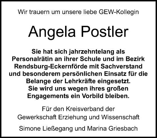 Traueranzeige von Angela Postler von Schleswig-Holsteinische Landeszeitung