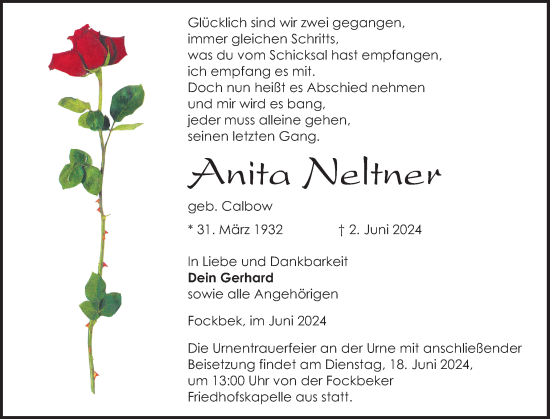 Traueranzeige von Anita Neltnerq von Schleswig-Holsteinische Landeszeitung