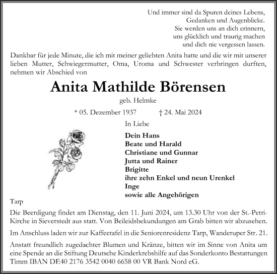Traueranzeige von Anita Mathilde Börensen von Flensburger Tageblatt, Schleswiger Nachrichten, Schlei-Bote