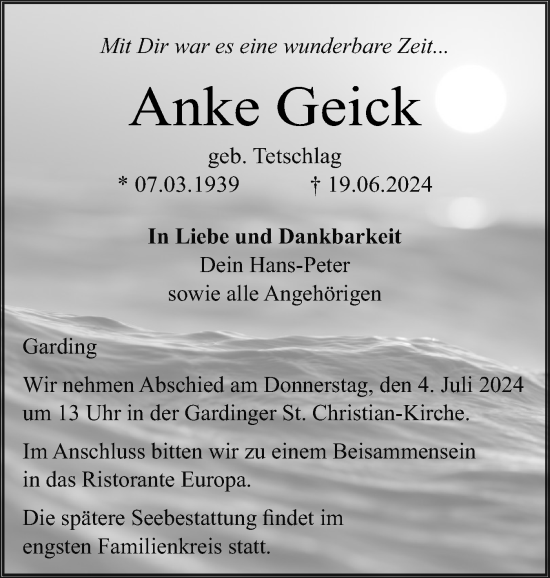 Traueranzeige von Anke Geick von Husumer Nachrichten, Nordfriesland Tageblatt
