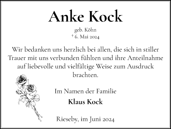 Traueranzeige von Anke Kock von Eckernförder Zeitung, Hallo Eckernförde