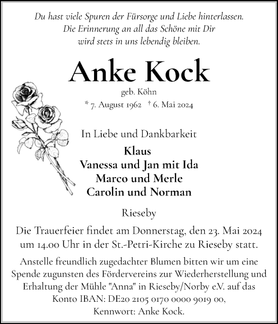Traueranzeige von Anke Kock von Eckernförder Zeitung, Hallo Eckernförde