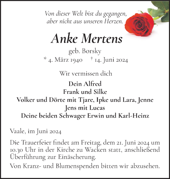 Traueranzeige von Anke Mertens von Norddeutsche Rundschau, Wilstersche Zeitung, Glückstädter Fortuna