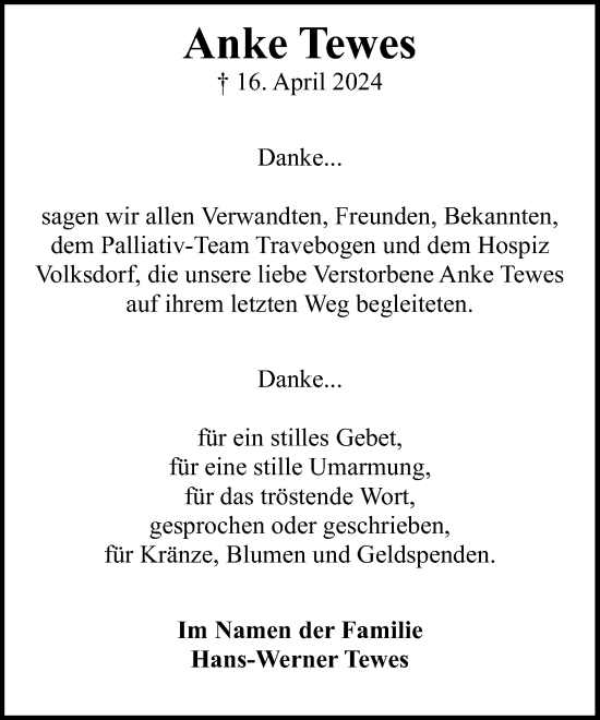 Traueranzeige von Anke Tewes von Stormaner Tageblatt
