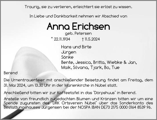 Traueranzeige von Anna Erichsen von Schleswiger Nachrichten, Schlei-Bote