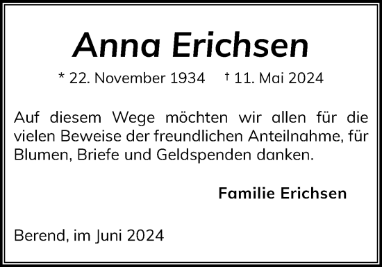 Traueranzeige von Anna Erichsen von Schleswiger Nachrichten, Schlei-Bote