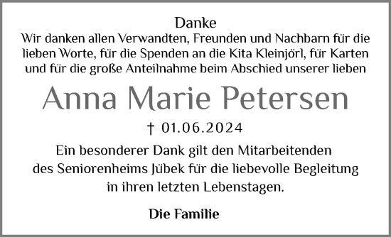 Traueranzeige von Anna Marie Petersen von Flensburger Tageblatt, Schleswiger Nachrichten, Schlei-Bote
