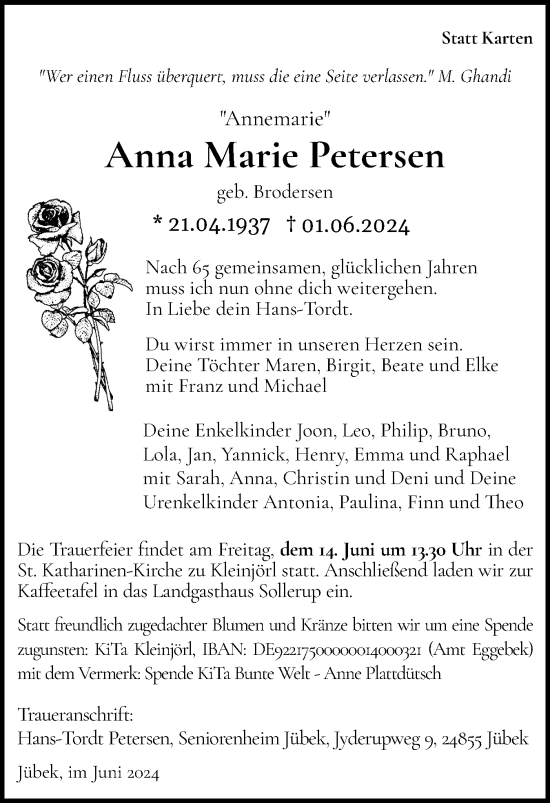 Traueranzeige von Anna Marie Petersen von Flensburger Tageblatt, Schleswiger Nachrichten, Schlei-Bote