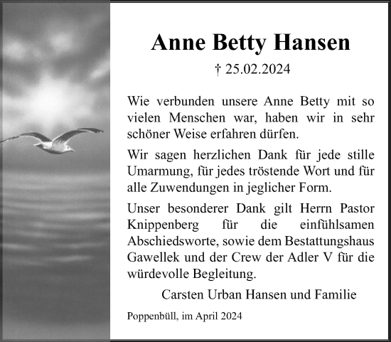 Traueranzeige von Anne Betty Hansen von Husumer Nachrichten, Nordfriesland Tageblatt