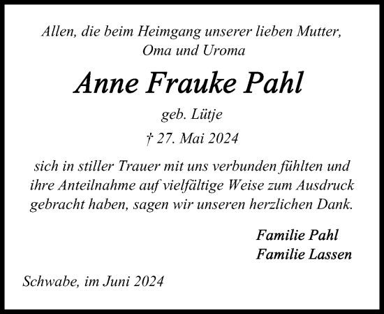 Traueranzeige von Anne Frauke Pahl von Schleswig-Holsteinische Landeszeitung