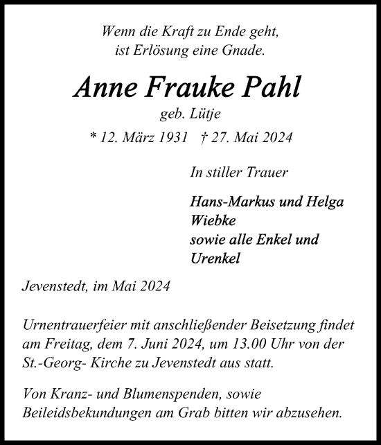 Traueranzeige von Anne Frauke Pahl von Schleswig-Holsteinische Landeszeitung