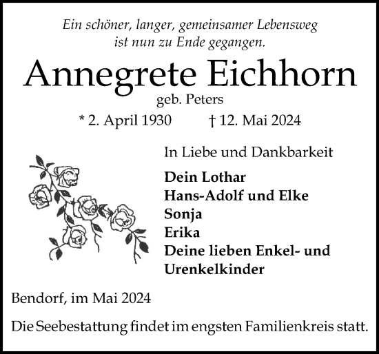 Traueranzeige von Annegrete Eichhorn von Schleswig-Holsteinische Landeszeitung