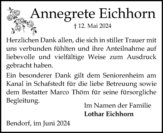 Traueranzeige von Annegrete Eichhorn von Schleswig-Holsteinische Landeszeitung