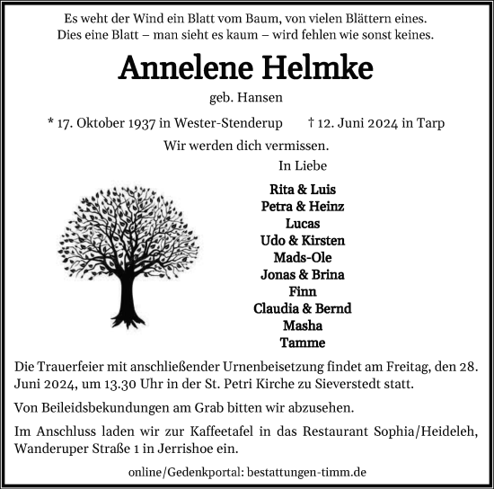 Traueranzeige von Annelene Helmke von Flensburger Tageblatt