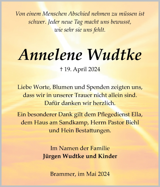 Traueranzeige von Annelene Wudtke von Schleswig-Holsteinische Landeszeitung