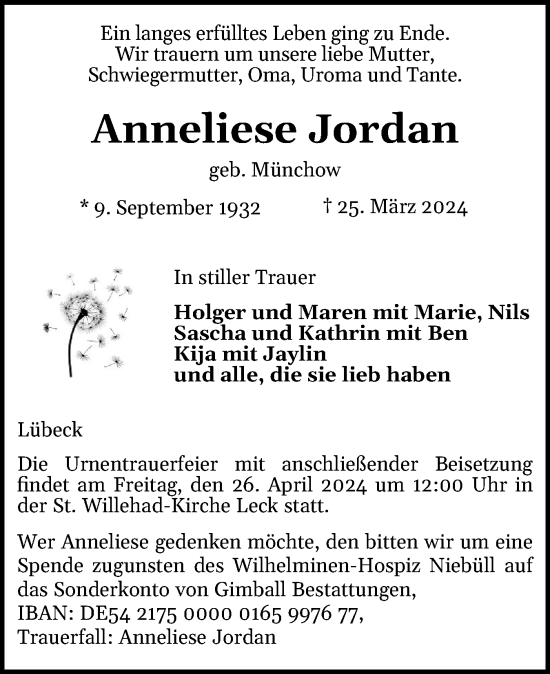 Traueranzeige von Anneliese Jordan von Husumer Nachrichten, Nordfriesland Tageblatt