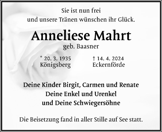Traueranzeige von Anneliese Mahrt von Eckernförder Zeitung, Hallo Eckernförde