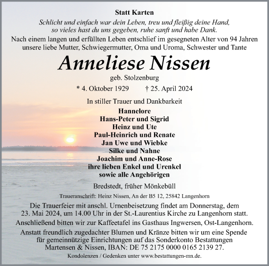 Traueranzeige von Anneliese Nissen von Husumer Nachrichten, Nordfriesland Tageblatt