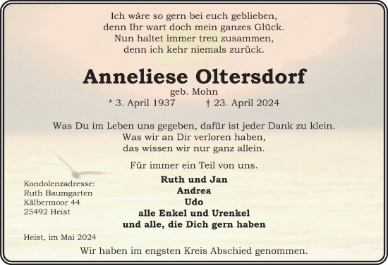 Traueranzeige von Anneliese Oltersdorf von Uetersener Nachrichten, Der tip am Wochenende