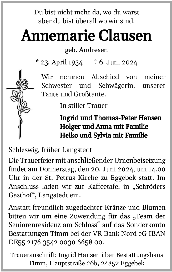 Traueranzeige von Annemarie Clausen von Region Flensburg