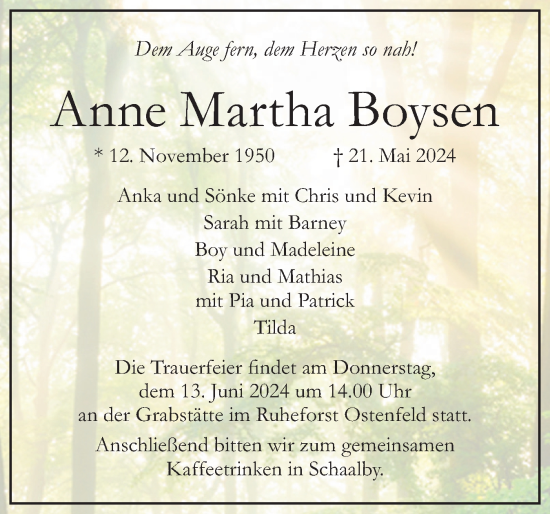 Traueranzeige von Anne Martha Boysen von Schleswiger Nachrichten, Schlei-Bote