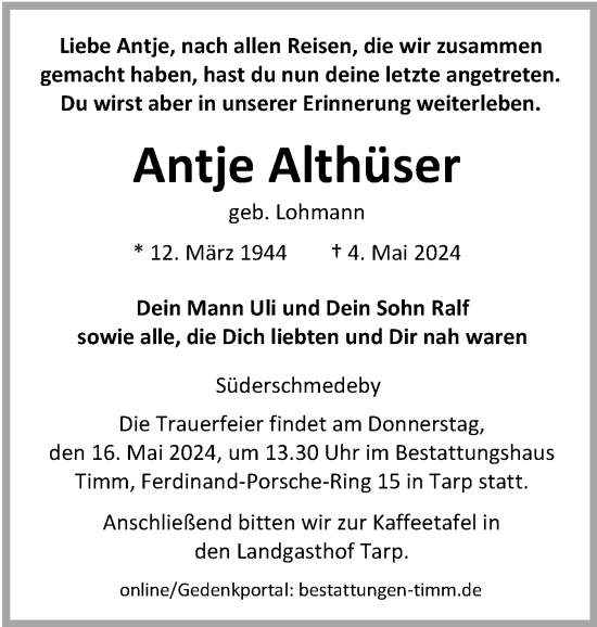 Traueranzeige von Antje Althüser von Flensburger Tageblatt