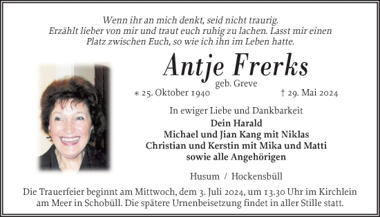 Traueranzeige von Antje Frerks von Husumer Nachrichten, Nordfriesland Tageblatt