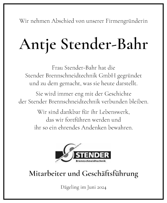 Traueranzeige von Antje Stender-Bahr von Norddeutsche Rundschau, Wilstersche Zeitung, Glückstädter Fortuna