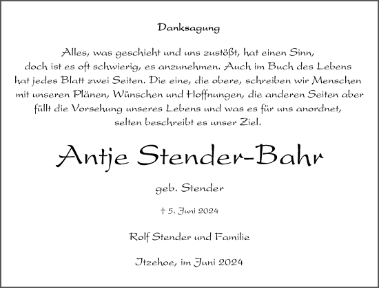Traueranzeige von Antje Stender-Bahr von Norddeutsche Rundschau, Wilstersche Zeitung, Glückstädter Fortuna
