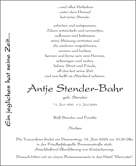 Traueranzeige von Antje Stender-Bahr von Norddeutsche Rundschau, Wilstersche Zeitung, Glückstädter Fortuna