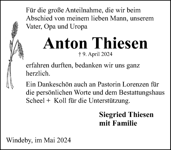 Traueranzeige von Anton Thiesen von Eckernförder Zeitung, Hallo Eckernförde